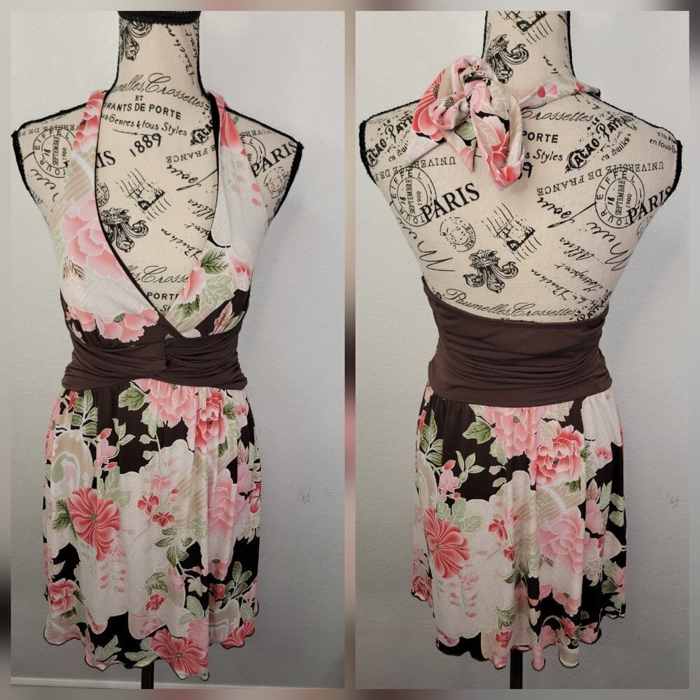 Rampage VTG Y2K Multicolor Floral Print V Neck Halter Mini Dress Size Small 90's